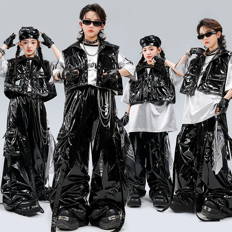 Boys Hip Hop Cool Sweatshirt Shiny Vest Street Dance Cargo Pants Girls K-pop Clothes Set Kids Jazz Costumes Children Streetwear
