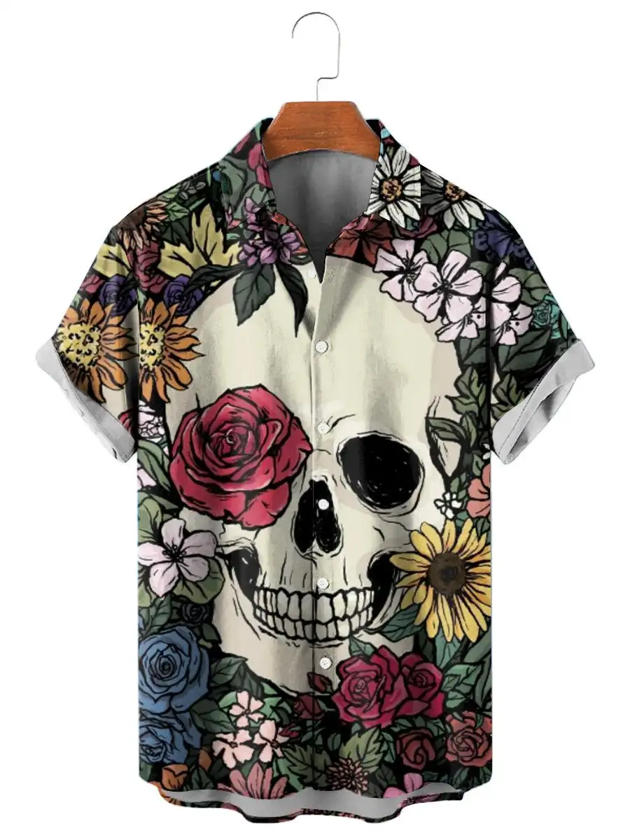 Mexico Sugar Skull Fashion Men\'s Shirts Funny Skull 3D Print Streetwear Short Sleeve Hawaiian Shirt Print Lapel Shirts For Men