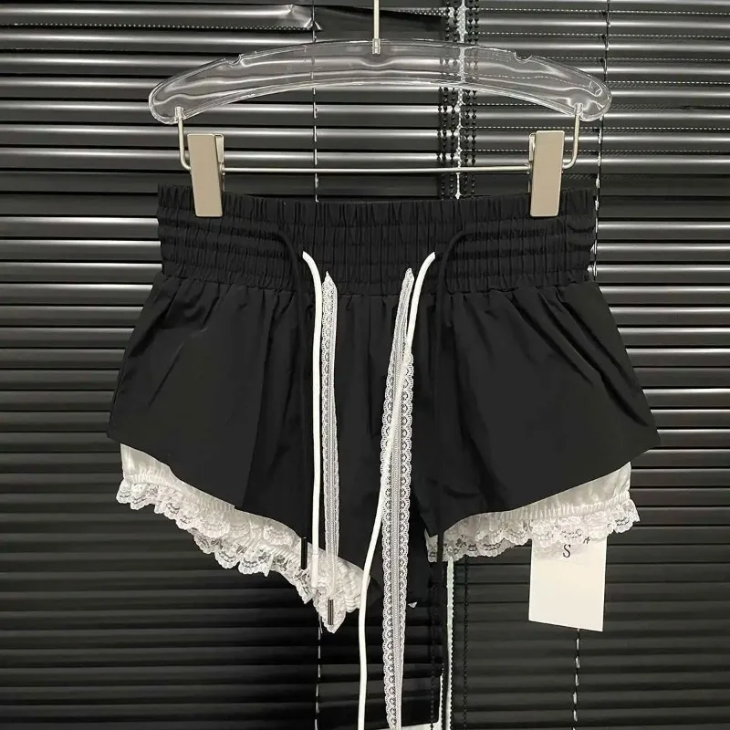 Fashion Women's Patchwork Lace Casual Shorts Niche Design Versatile High Elastic Waist Drawstring Short Pants  Womens Shorts