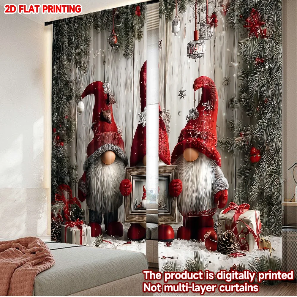 2D-Flachdruck, 2 Stück, modische Weihnachtsvorhänge, Weihnachtszwerge mit Geschenken, digital bedruckte Polyester-Vorhänge, Familienparty