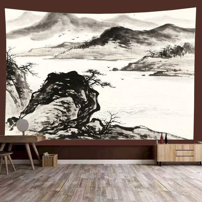 VIKAMA Chinese Ink Landscape Tapestry Mist Mountain Bamboo Wall Hanging Oriental Zen Aesthetic Background Cloth Home Decoration