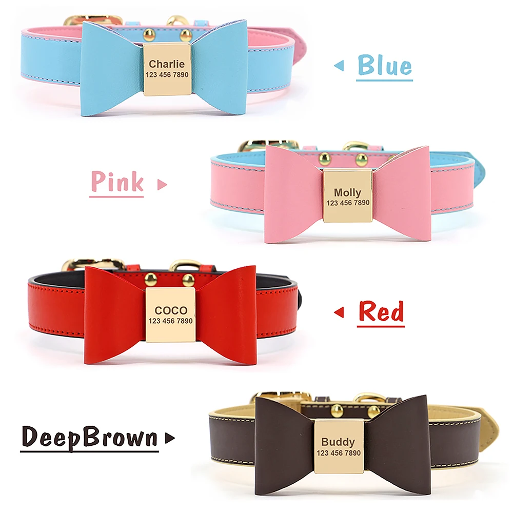 Personalized Dog Collar Customized Leather Pet ID Name Collar With Bowknot Free Engraved For Small Medium Dogs Cats Pet Supplies