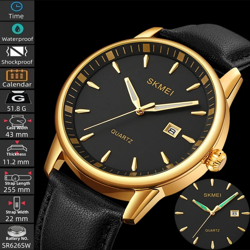 

Skmei Original Men's Quartz Calendar Watches Fashion Leather Strap 3 ATM Waterproof Analog Wristwatch with Luminous