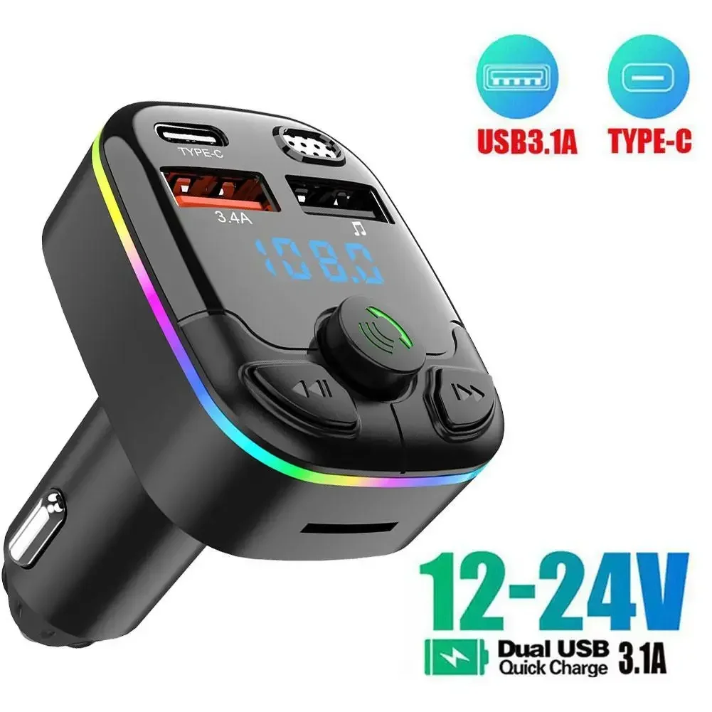 Pemancar FM mobil Bluetooth 5.0, pemutar Modulator MP3 Handsfree lampu suasana warna-warni pengisi daya USB cepat 3,1 A USB ganda tipe-c PD