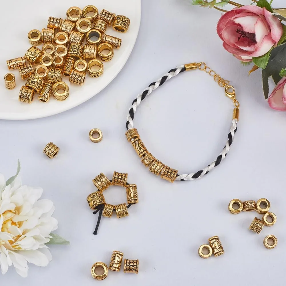 60 قطعة سبائك ثقب كبير خزر عازل التبتية خزر عازل الذهب العتيقة الذهبي الأوروبي Rondelle أنبوب معدني مستدير طقم مجوف