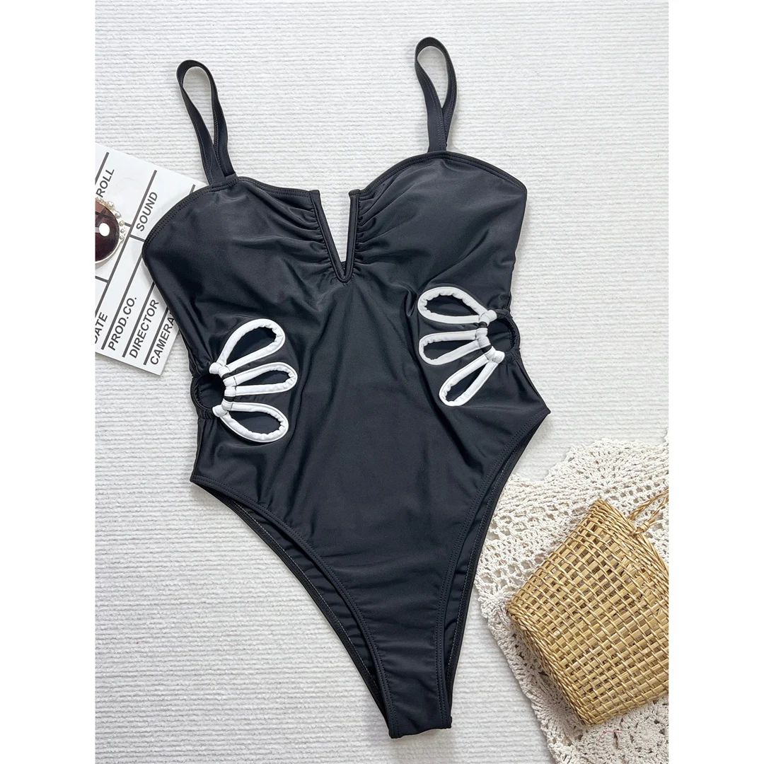 Neuer, sexy Badeanzug mit hohem Beinausschnitt und V-förmigem Ausschnitt, einteiliger Badeanzug für Damen, Monokini mit Polsterung, Badebekleidung, Badeanzug, Modell V6054. – Detail 15