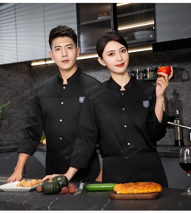 Hotel Men Chef uniform chef jacket with apron Long Sleeve Restaurant Cook Coat Chef T-shirt Work  Uniform Waiter Clothes Logo