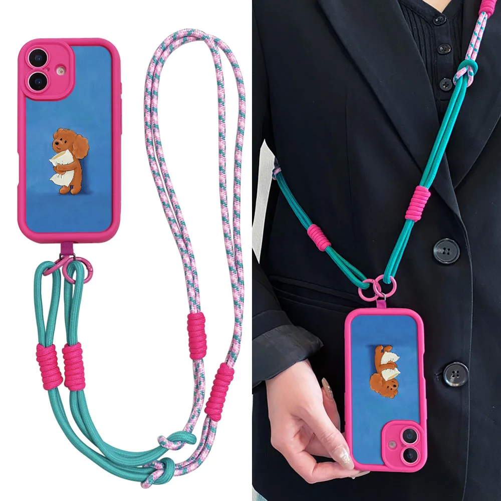2025 adorável cão bonito crossbody cordão caso para iphone16 15 14 13 12 11 17 pro max xs max xr 7 8 plus corrente de pulso longa corda capa