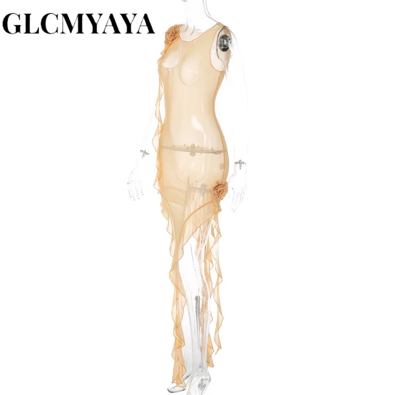 GLCMYAYA Women Three-dimensional Decoration Floral Sheer Mesh See Asymmetrical Dress 2023 Spliced Edible Tree Fungus Dresses