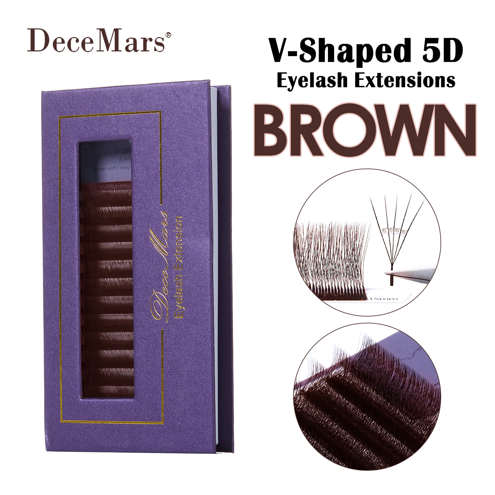 DeceMars V-förmige 5D Braune Wimpernverlängerungen 12 Reihen/Tray für Make-up
