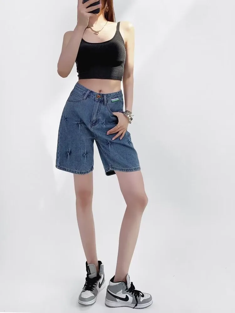 

2024 New Retro Washed Flower Craft Blue Jeans Women's Pants American High Waist Hot Girl Summer Shorts