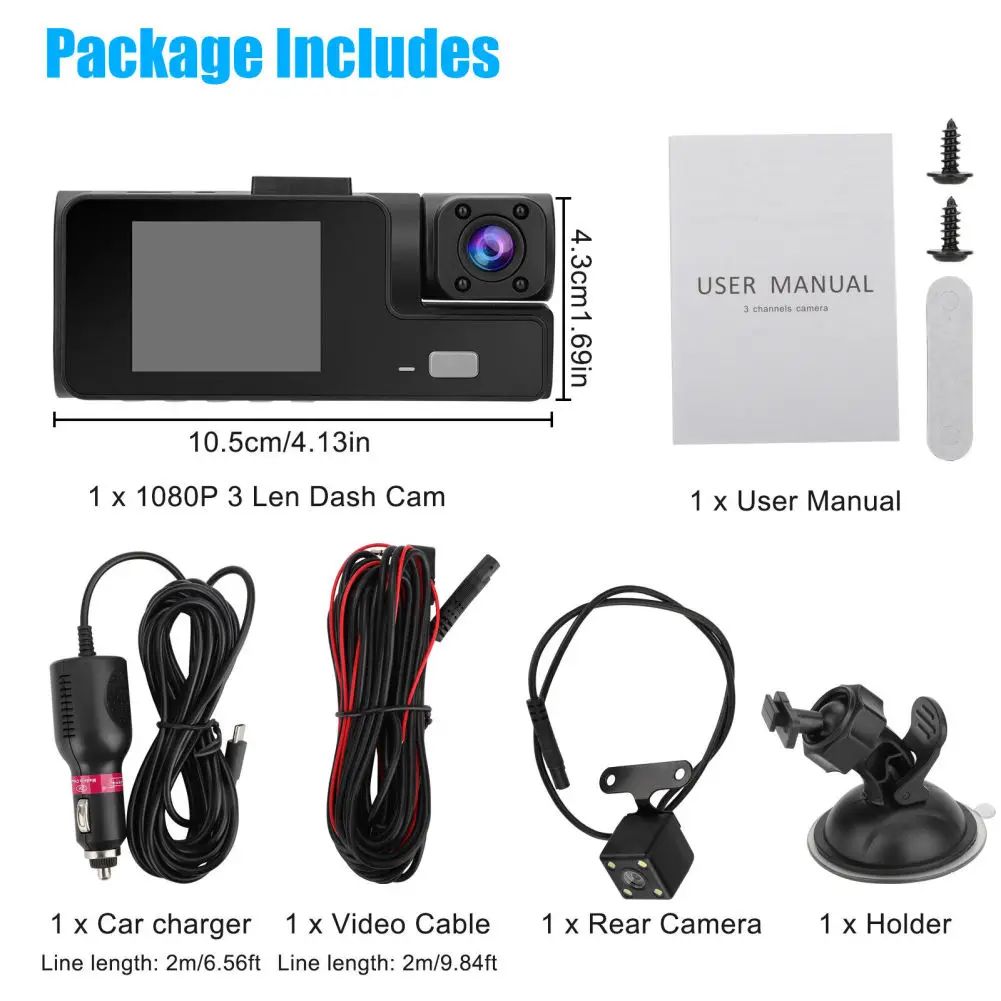 

Car DVR Dash Cam Front And Rear Inside 3 Channel 1080P 2-inch IPS Screen Infrared Cabin Lights Night Vision With Loop Recording