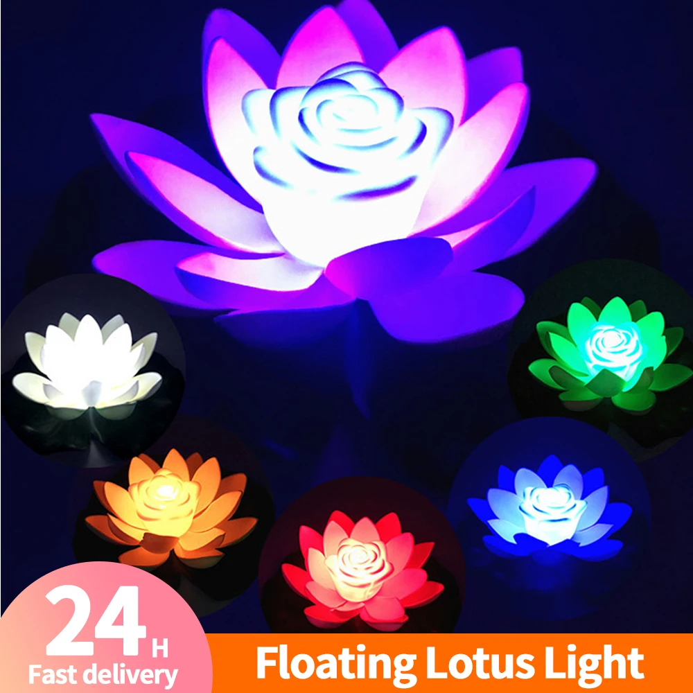 LED Waterproof Floating Lotus Light Battery Operated Artificial Lily Flower Night Lamp Pond Pool Garden Fish Tank Water Decor