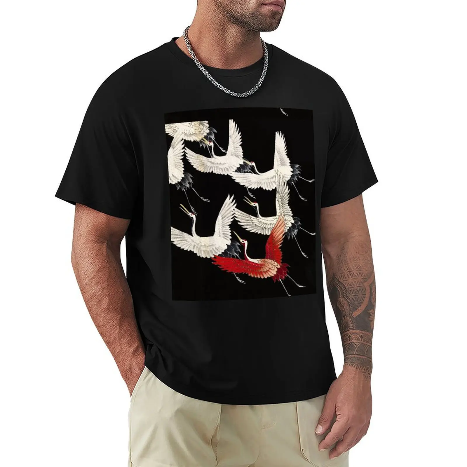 Scarf version of Wild cranes in Black T-Shirt Plus Size Workout Short Sleeve Top