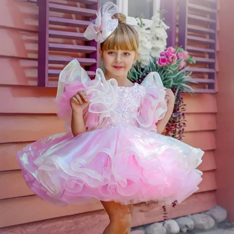 Children Clothing Baby Girl Puffy Gauze Dresses Birthday Elegant Princess Prom Dress for Kids Sequin Short sleeve Ball Gown