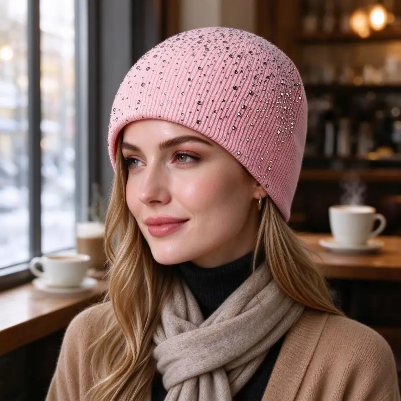 Soft Stretchy Black Knit Beanie With Sparkly Rhinestone Thermal Lining For Winter Daily Wear Parties