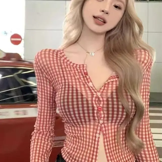 American Retro Spicy Girl Red Checkered Mesh Shirt Women Early Autumn Short Style Tight Sexy Stunning Long Sleeved Top