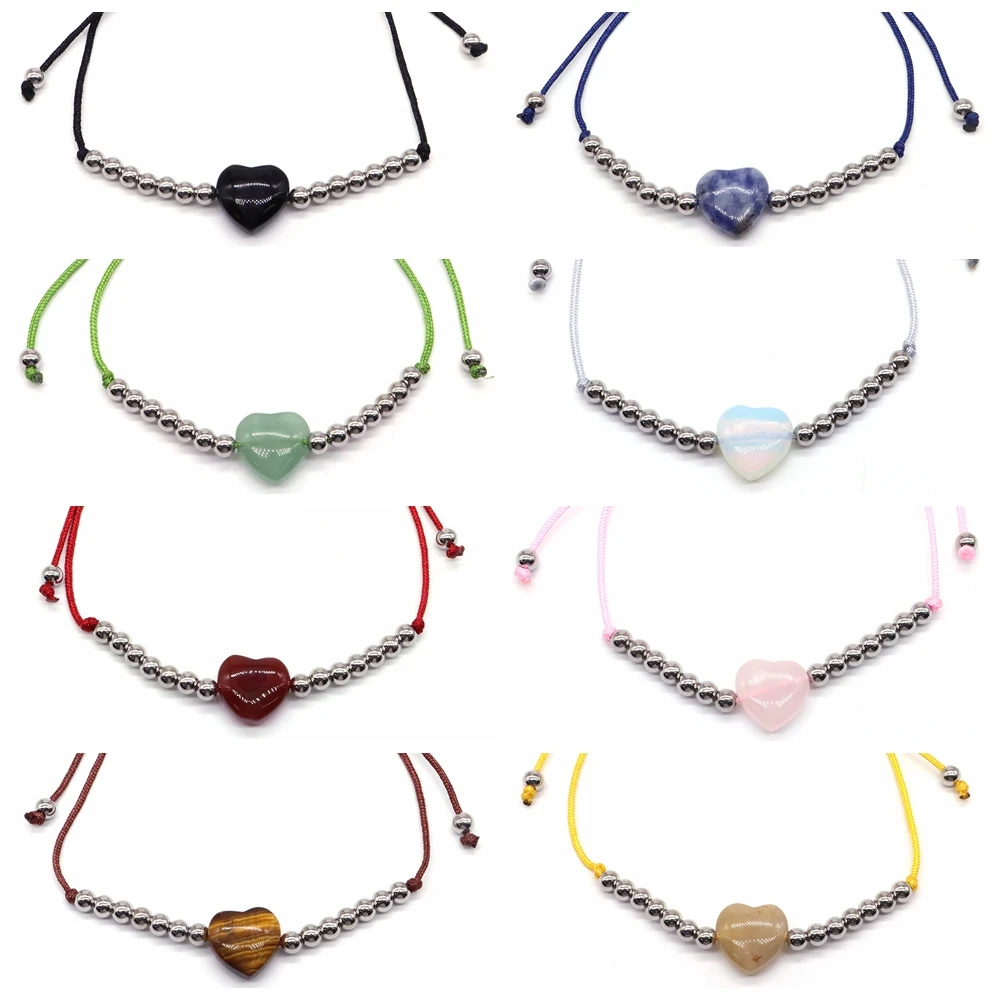 

Natural Stone Love Heart Handmade Woven Braided Rope Adjustable Bracelet Crystals Metal Beads Gem Jewelry Holiday Women's Gifts