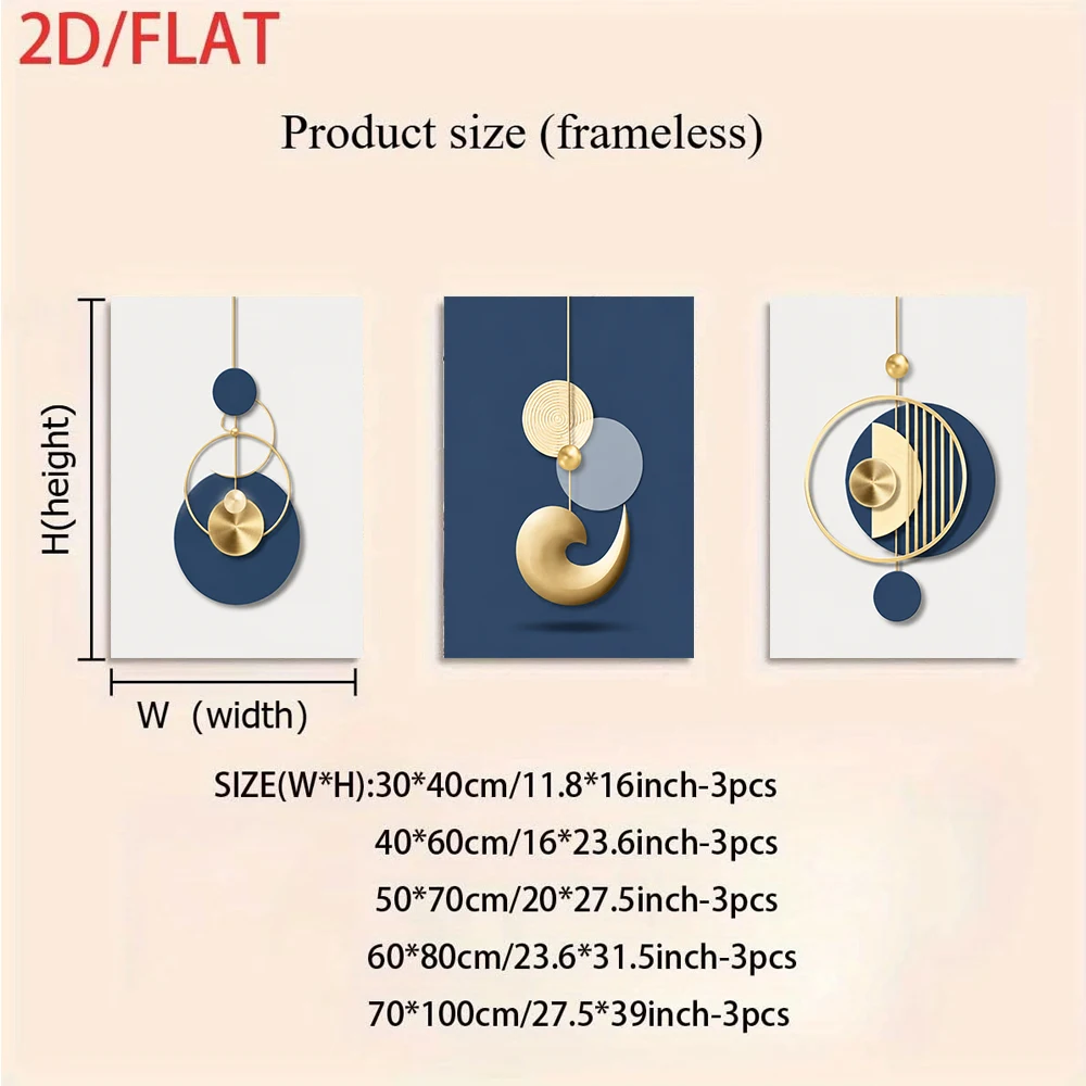 3PCS Frameless,1 set of abstract geometric blue and gold color scheme frameless three-panel decorative paintings (2D flat)