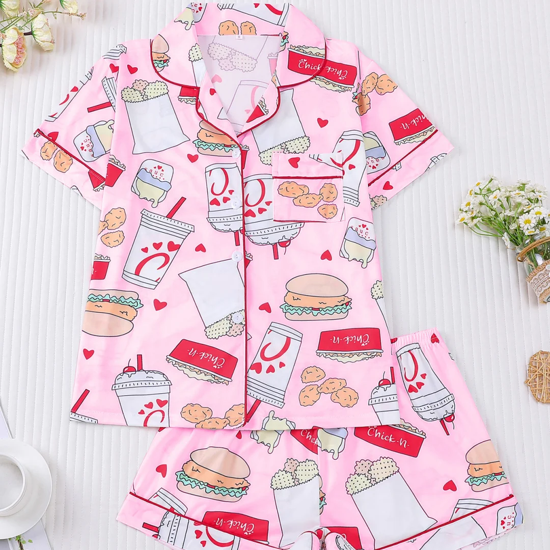 

Women's Pajama with Burger Print Pink Lapel Short Sleeve Shorts Loungewear Home Wear Set Clothes Christmas Gifts