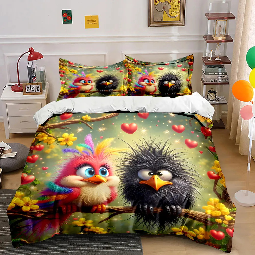 Colorful birds and unique crow Print Bedding Set 1 Duvet Cover 2 Pillowcases for Adult and Children Luxury Gift Full Size