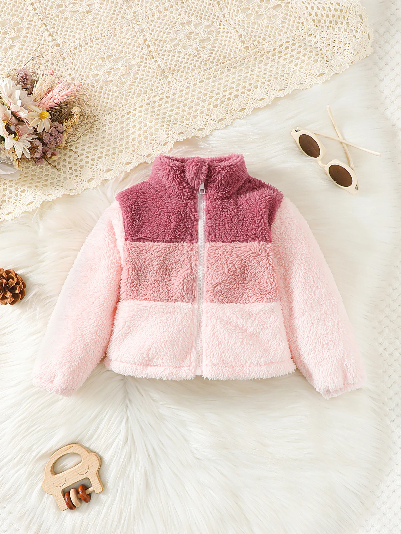 Kids Girl Fashion Plush Overcoat Long Sleeves Lapel Zippered Coat Winter Outdoor Wear Color Block Warm Top for Children 2-8 Year