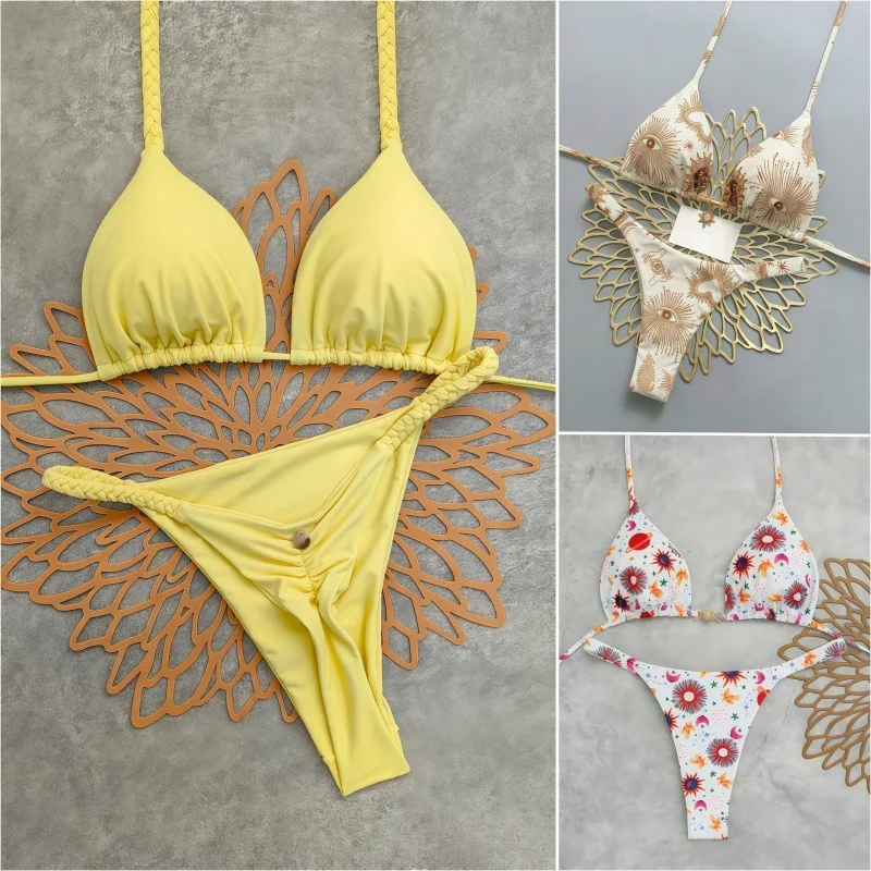Fanan 2026 Summer New Women Multicolor Printed Strap Sexy T-shaped Bikini Swimsuit