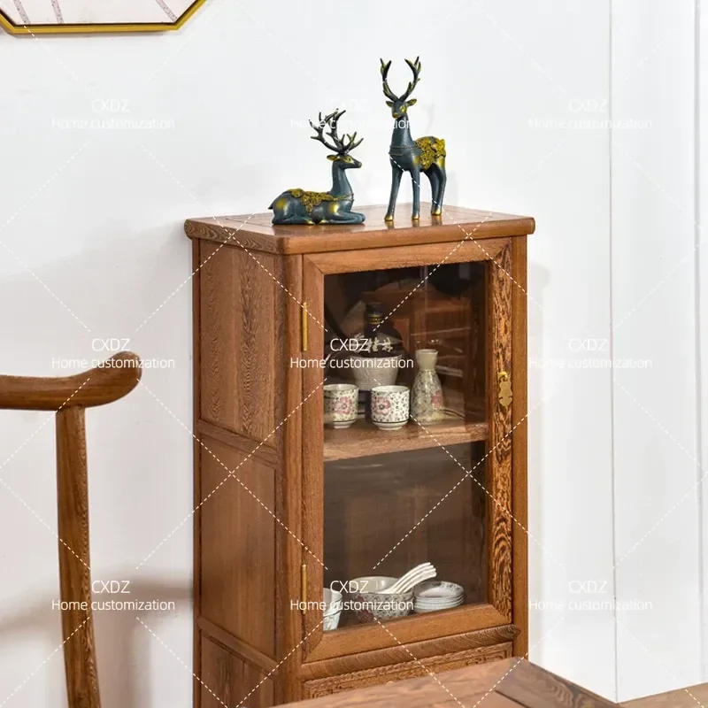 Solid Wood Edge Cabinet Chinese Style Tea Storage Antique Household Meal Prep Locker Standing Bookcase Furniture