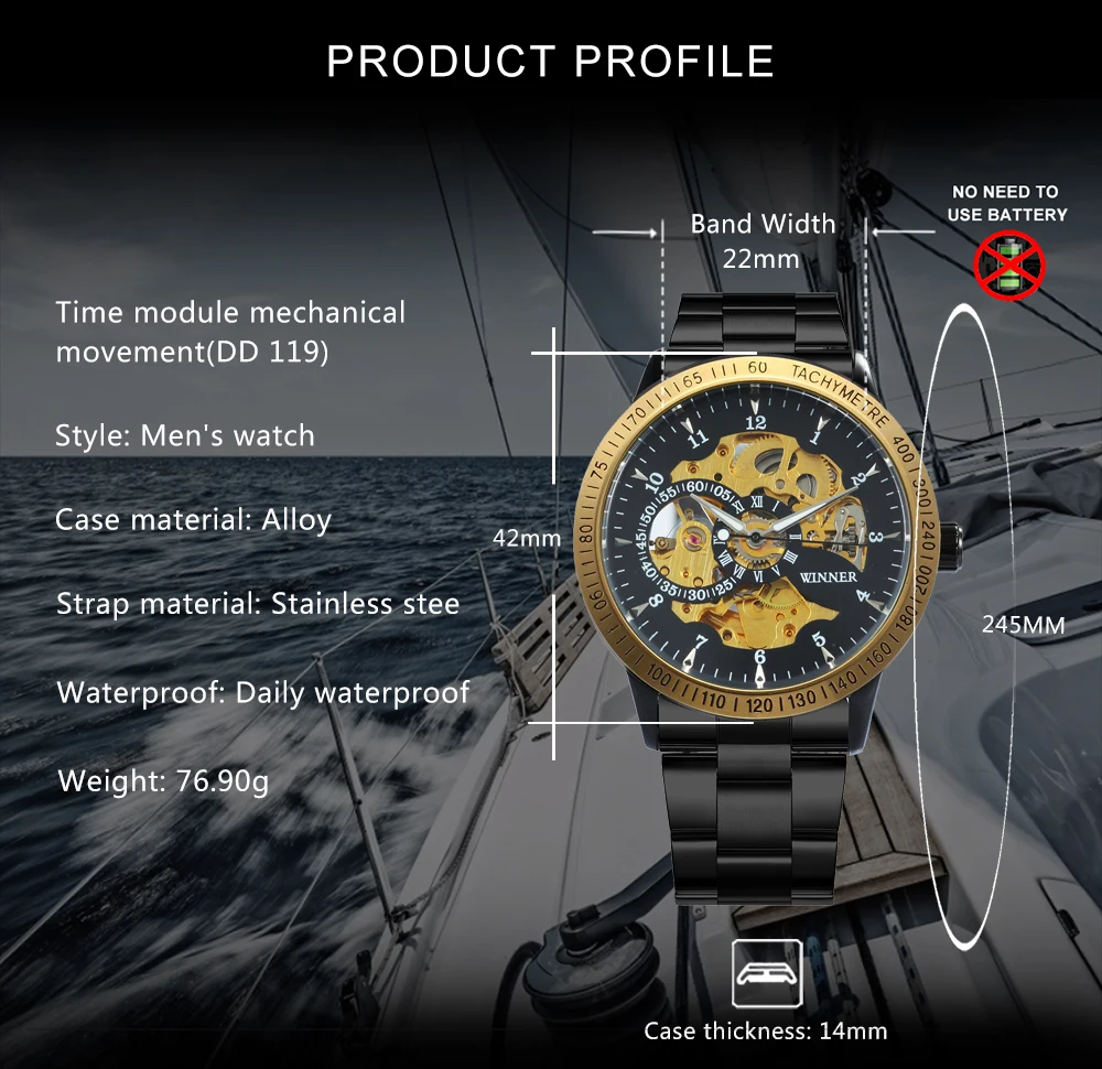 WINNER Military Skeleton Automatic Men Watch Steampunk Sports Mechanical Watches Luxury Gold Stainless Steel Strap Luminous Hand