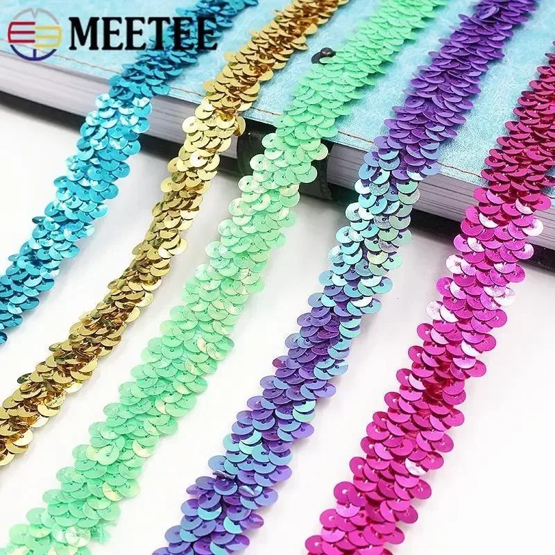 10/25/50M Meetee 2cm Sequins Strech Ribbon Trim Lace Elastic Sequin Tape Dance Dress Christmas Decorations DIY Sewing Accessorie