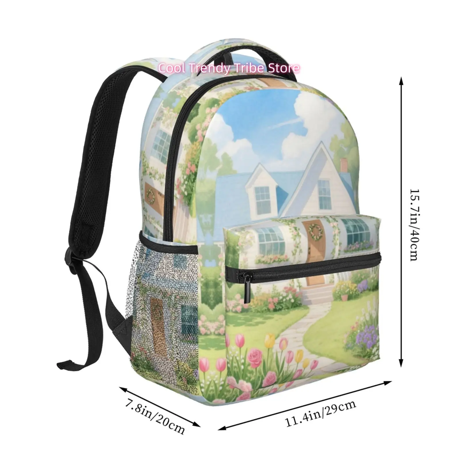 Cozy Cottage And Flower Garden Print Backpack, Oxford Cloth, Ideal for Commuting And Work