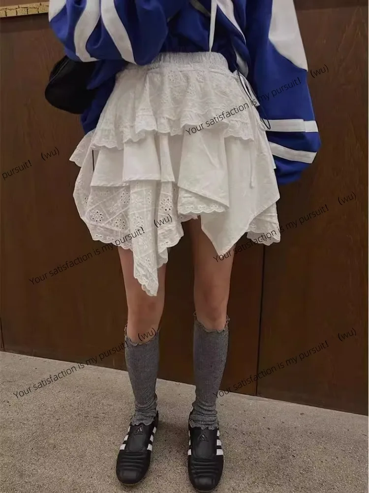 ZOCI-Rok Mini Rumbai Berlapis Tidak Beraturan, Rok Berlapis Bunga Jacquard Renda Putih, Rok Penuh Wanita Manis Gadis Lolita