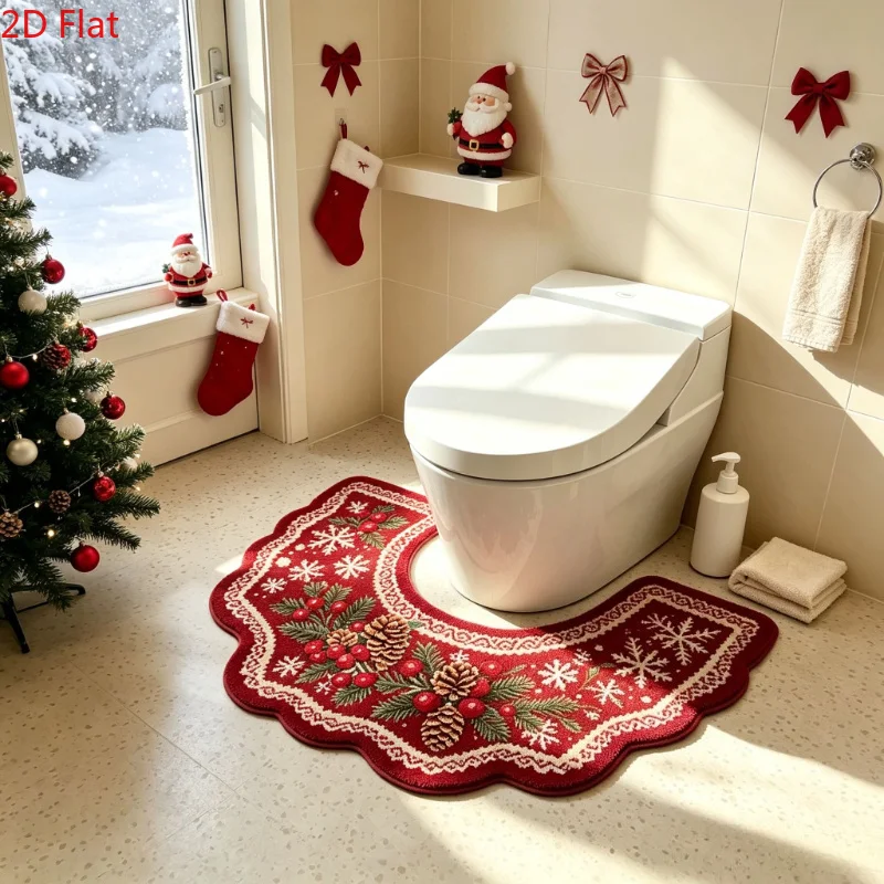 VIKAMA Flannel U Shape Christmas Toilet Mat Brown Gingerbread Man Candy Cane Non Slip Soft Absorbent Toilet Mat Bathroom Rug