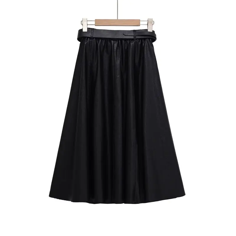 Winter New Arrival Women's Leather Effect Cloak Style Midi Skirt with Belt Fashionable City Commute A-Line Loose Fit Skirt
