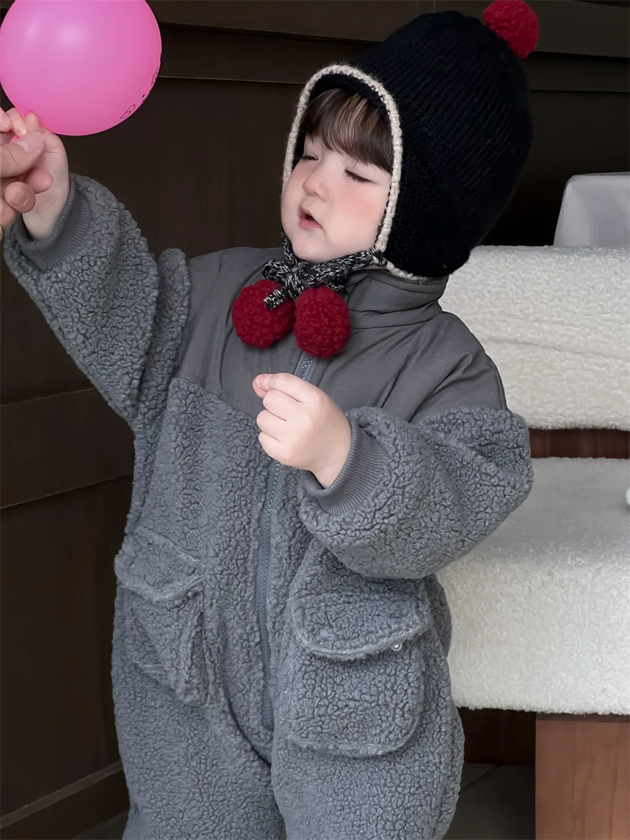 2024 Winter New Baby Fleece Romper Boy Girl Newborn Casual Splicing Jumpsuit Plus Velvet Thick Infant Toddler Warm Clothes 0-24M