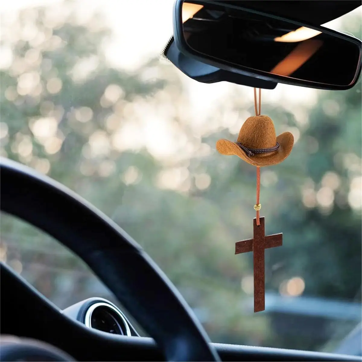 【~ NEW A25M】Cowboy Hat Car Charm, Wooden Car Rear View Mirror Hanging, Felt Hat Country Pendant Hanger for Car,Decor A