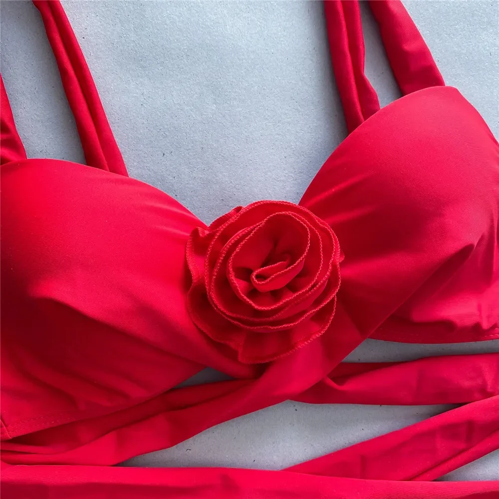 Sexy rote 3D-Blumen-Bademode, Überzug, 3-teiliges Bikini-Set, Push-Up-Badeanzüge, 2024, hoch geschnittener Badeanzug für Damen, Bandage, Strandmode