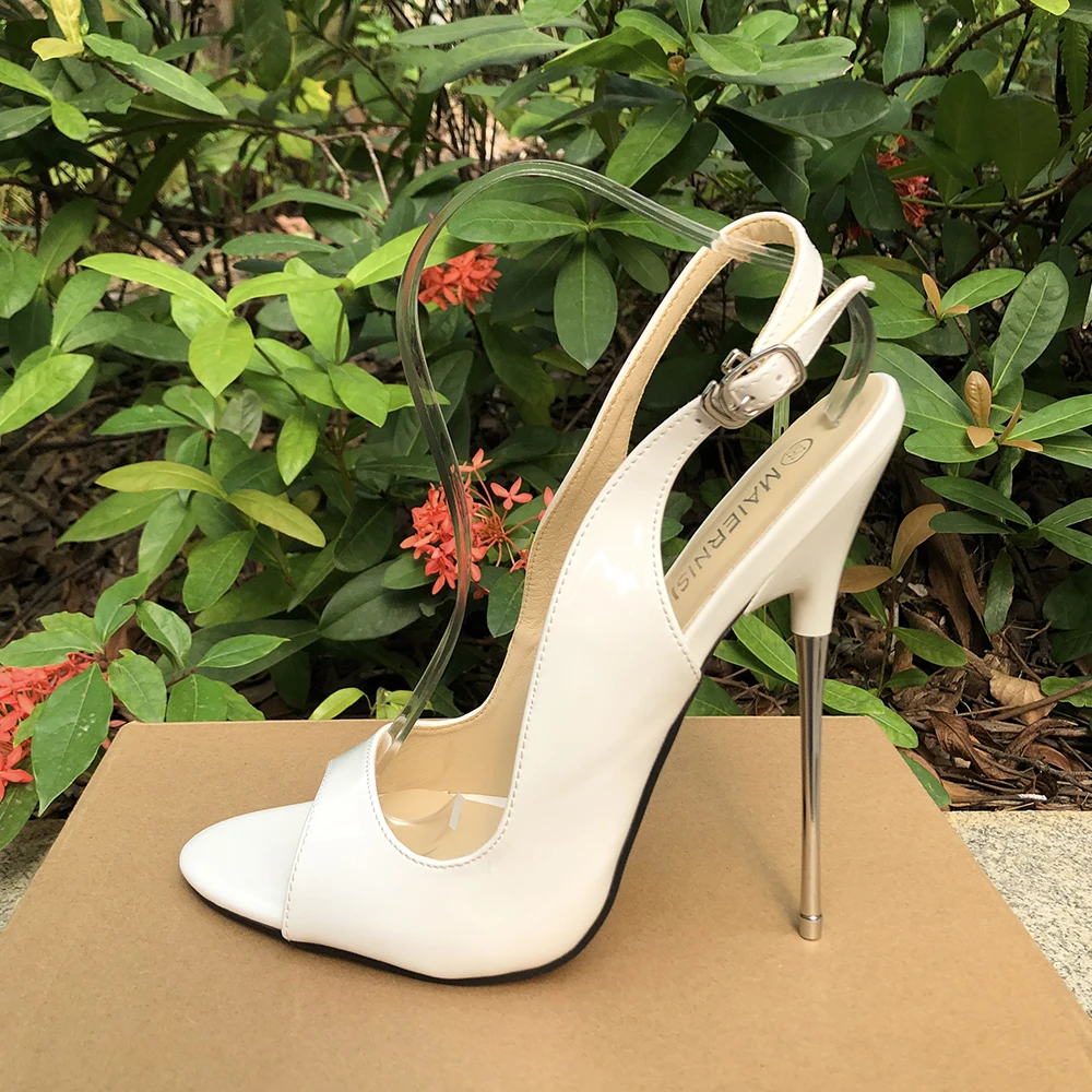 Kobiety Solid White Sandały 16cm Extreme Metal Thin High Heels Sexy Peep Toe Pumps Fetish Club Party Man Crossdresser Unisex Shoes