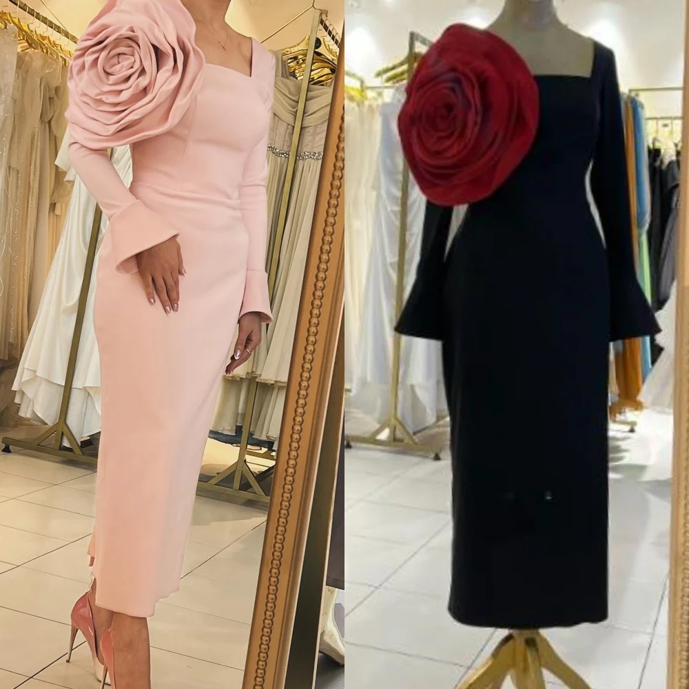 Gaun acara Midi kerah persegi A-line untuk malam Formal Ruched bunga