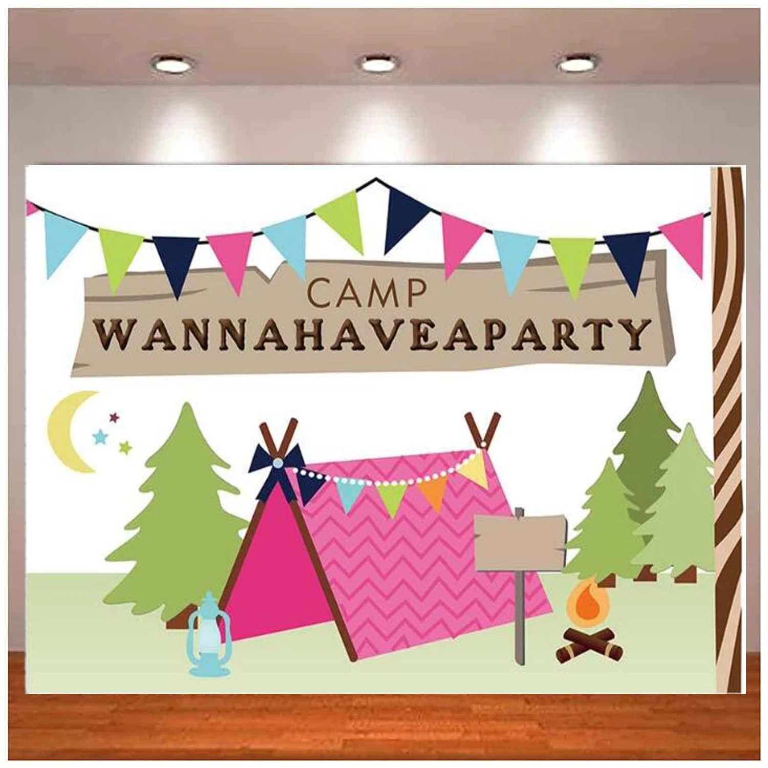 Camping Birthday Party Photography Backdrop Tree Tent Campfire Outdoors Jungle Kids Background Party Event Cake Table Decoration