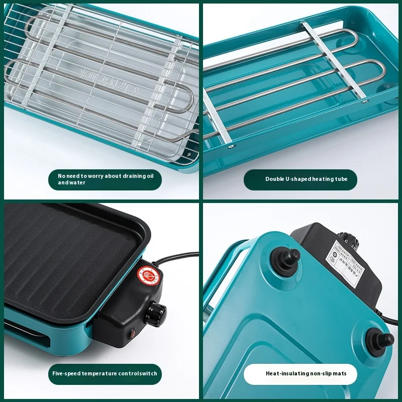 ماكينة شواء مستطيلة قابلة للفصل منزلية متعددة الوظائف 220 فولت شواء خارجي غير لاصق مع صينية خبز وشبكات ولوحة زيت