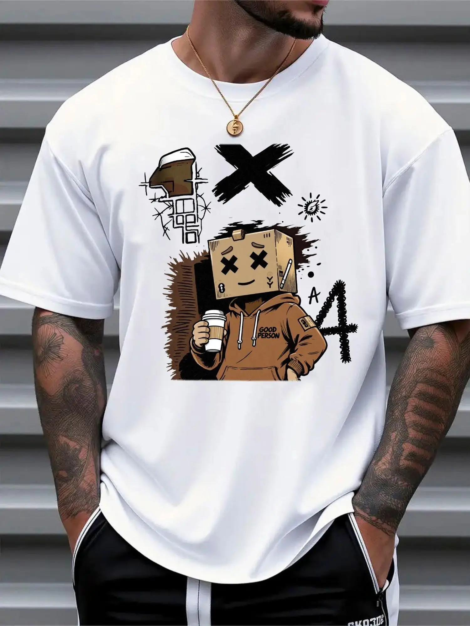 Men's Plus Size Graphic T Shirt, Cartoon Box Head Design with Coffee Cup, Father's Day Gift for Dad, Loose Fit Crew Neck Summer, Streetwear Style Tee for Big and Tall Men, PLUS SIZE