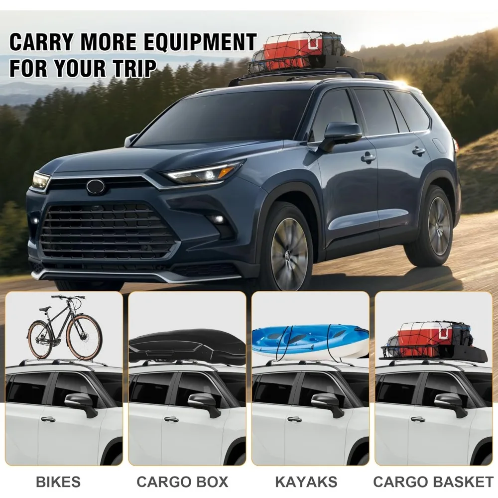 قضبان متقاطعة لرف السقف باللون الأسود القوي لموديلات Toyota Highlander وLexus TX الجديدة لعام 2024، جميع الدرجات، تدعم ما يصل إلى 26 وحدة