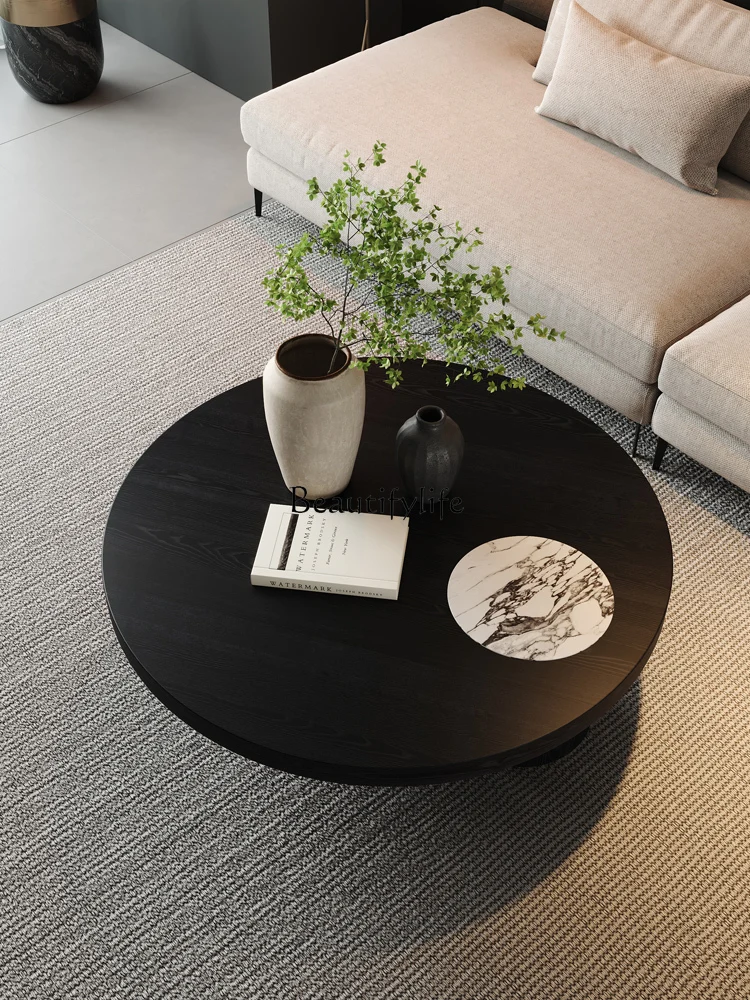 

03.Japanese medieval coffee table, round solid wood retro natural marble coffee table