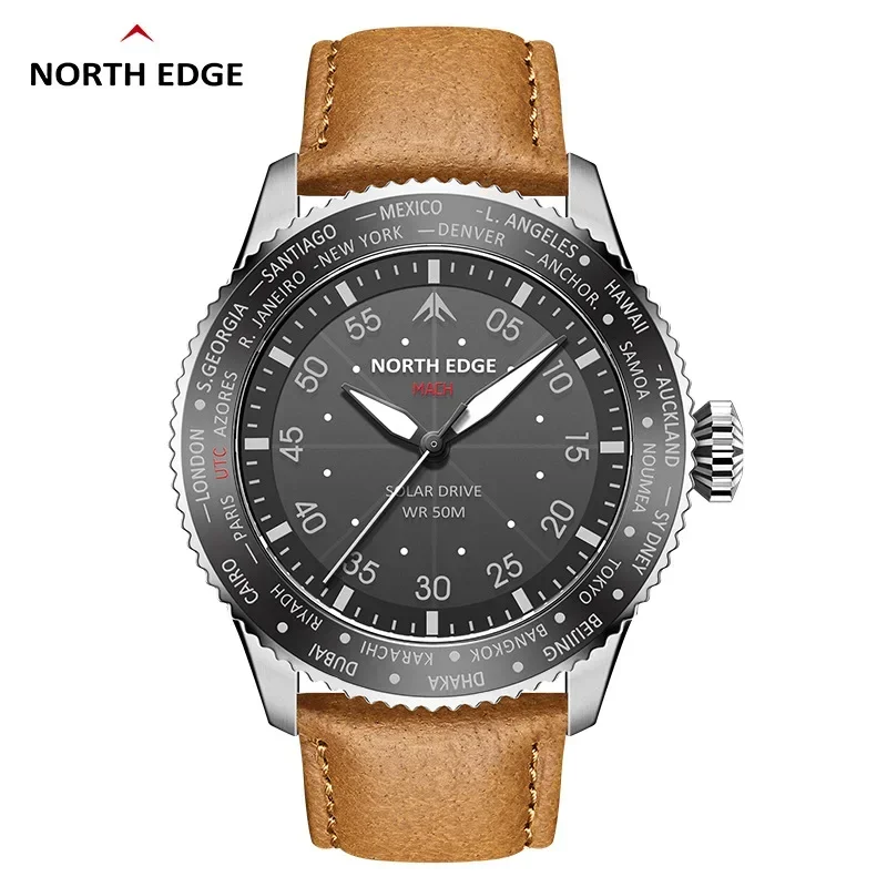 NORTH EDGE MACH Men Pilot Sports Quartz Watch Solar Powered Luminous 50M Waterproof Male Wristwatch