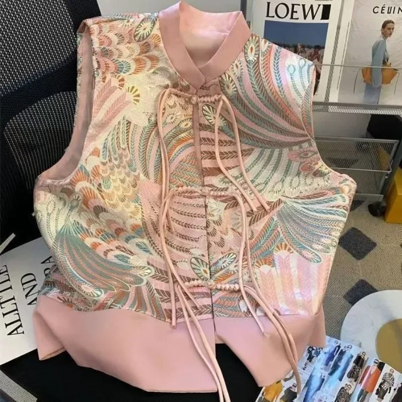 Flower Jacquard Cardigan Women Loose Sleeveless Vest Jackets Chinese Style Tang Suit Cheongsam Spring Summer Vest Vintage Coats