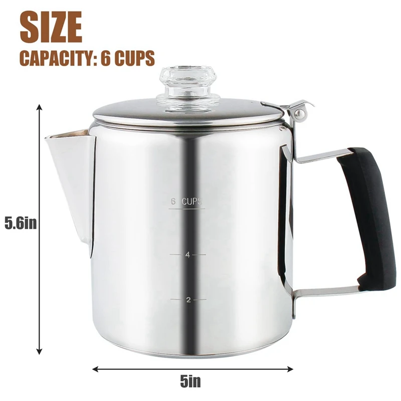 Percolator Coffee Pot With Heat Resistant Glass Knob & Silica Gel Handle, For Indoor Induction Cooktop, 6 Cup