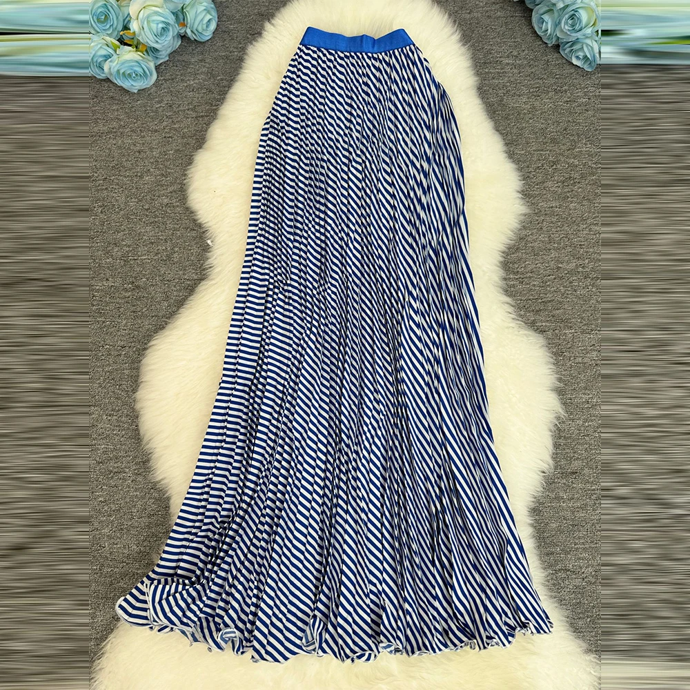 2026 New Polka Geometry Chiffon Pleated Skirt Women Casual Elastic Waist A-line Big Swing Boho Beach Long Skirt