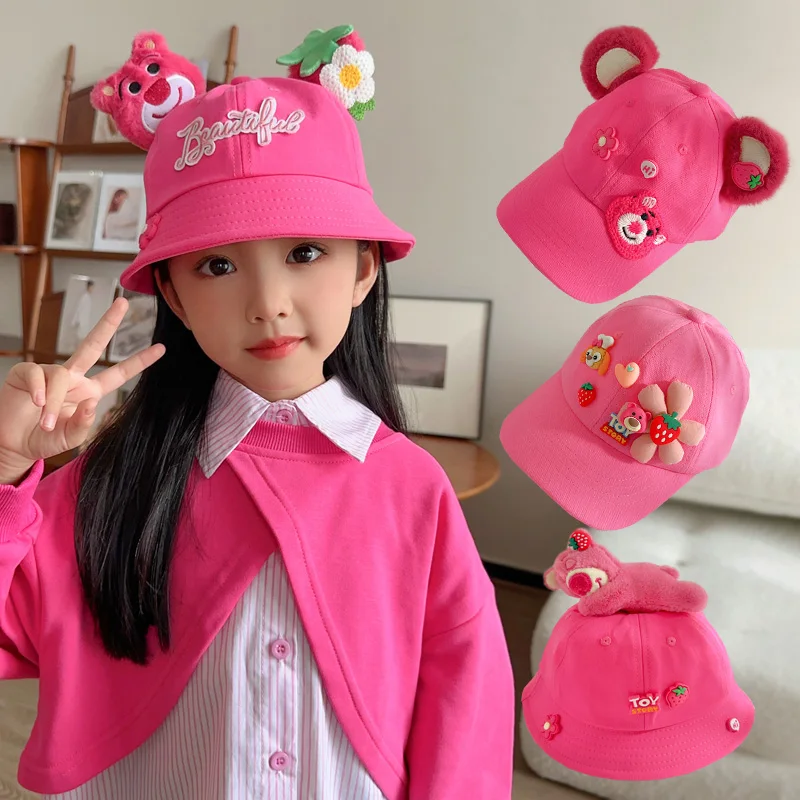 Miniso Lotso Kawaii Pink Baseball Cap Cartoon 3D Bear Fisherman Hat with Ears Children\'s Gift Hat Circumference 50-52Cm