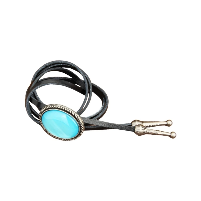 MXMB Bolo Tie for Women Men Western Bolo Tie Vintage Oval Stone Pendant Faux Leather Rope Adjustable Necktie Necklace